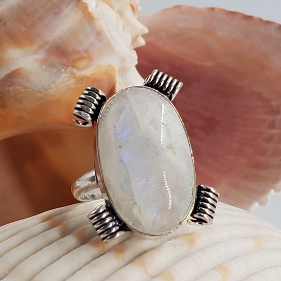 Handmade Artisan Jewelry - Silver Ring Natural Blue Moonstone Stone